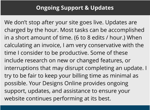 Ongoing Support & Updates We don’t stop after your site goes live. Updates are charged by the hour. Most tasks can be accomplished in a short amount of time. (6 to 8 edits / hour.) When calculating an invoice, I am very conservative with the time I consider to be productive. Some of these include research on new or changed features, or interruptions that may disrupt completing an update. I try to be fair to keep your billing time as minimal as possible. Your Designs Online provides ongoing support, updates, and assistance to ensure your website continues performing at its best.